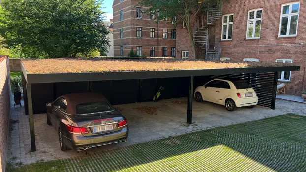 UNA-Carportanlage mit Sedum-Dach. Als würde man auf einen kleinen Garten hinabblicken