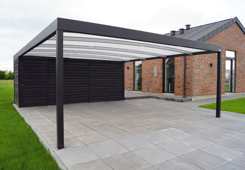 UNA schwarz lackierter Carport mit Geräteschuppen