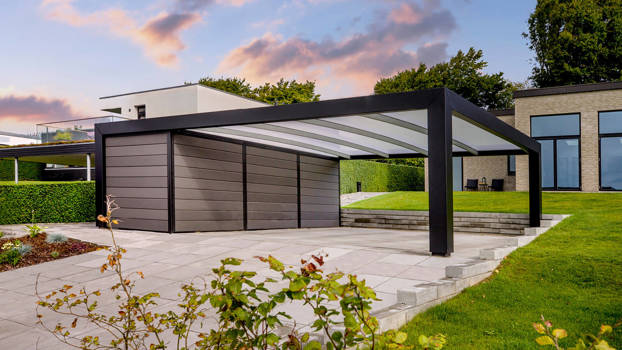 KUBIC-Carport im Bauhaus Stil mit Geräteschuppen und Komposit-Verkleidung