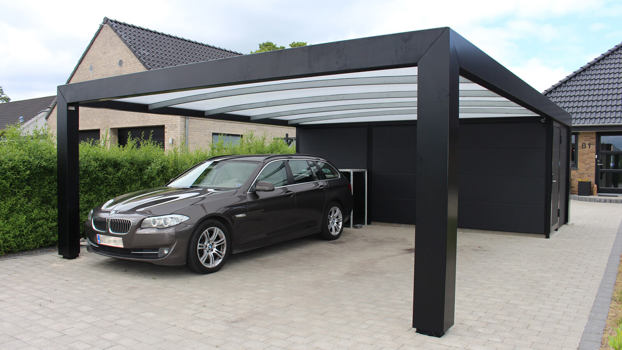 KUBIC Design-Carport für 2 Autos mit Geräteraum, verkleidet mit Isopaneel