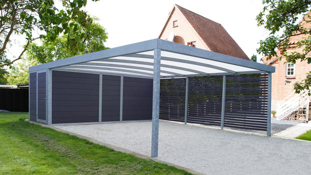 Doppelcarport UNA mit Schuppen und Lamellenverkleidung als Sichtschutz