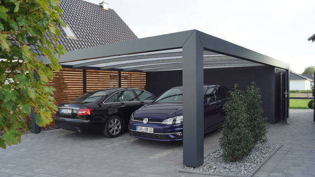 KUBIC Design Carport für 2 Autos mit Schuppen und Seitenverkleidung aus Lamellen