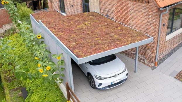 Sedum auf dem Dach des UNA Carports