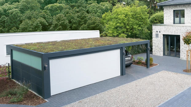 KUBIC Carport und Garage mit Dachbegrünung aus Sedum