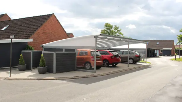 ELIPSE 4001-Carports zum Abstellen von Autos und mit zugehöriger Containereinhausung